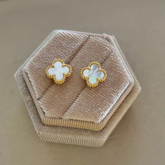 Jewelry - Mini Clover MOP mother pearl earrings  Yellow Gold Plated